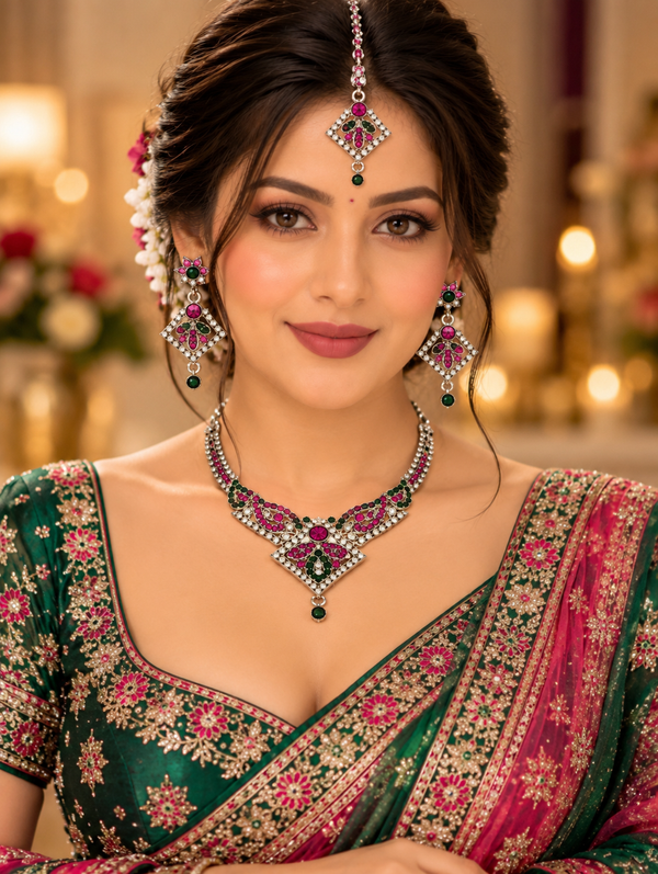 Indian désigner necklace set rose et vert