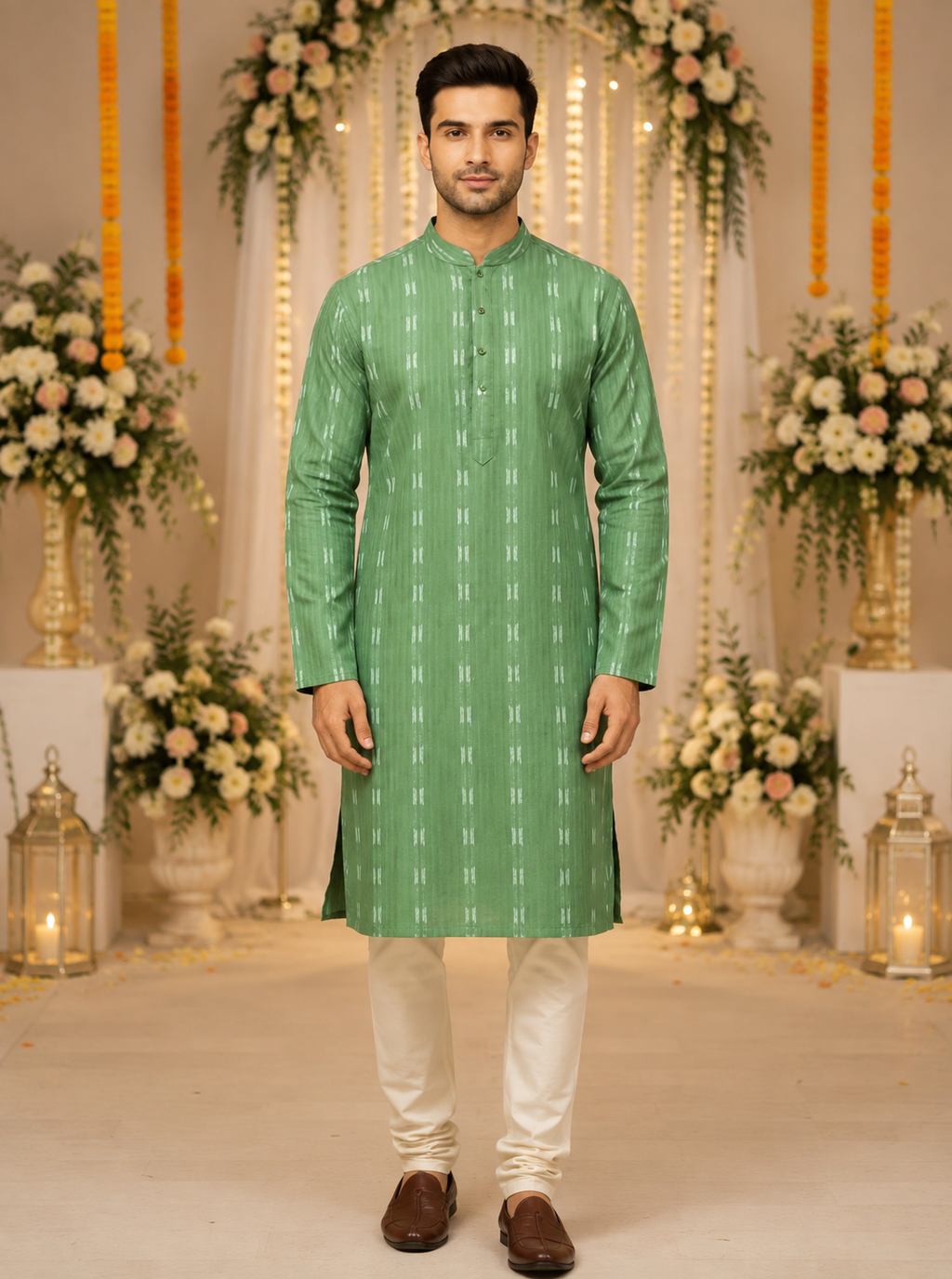 Indian kurta homme vert et blanc coton