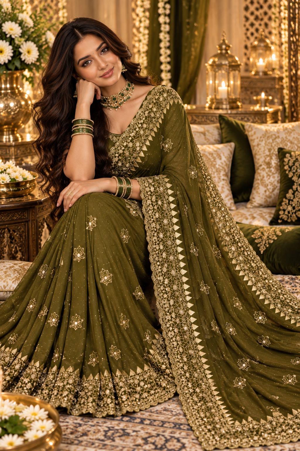 Bollywood désigner sari vert et doré brodé georgette Image secondaire du produit