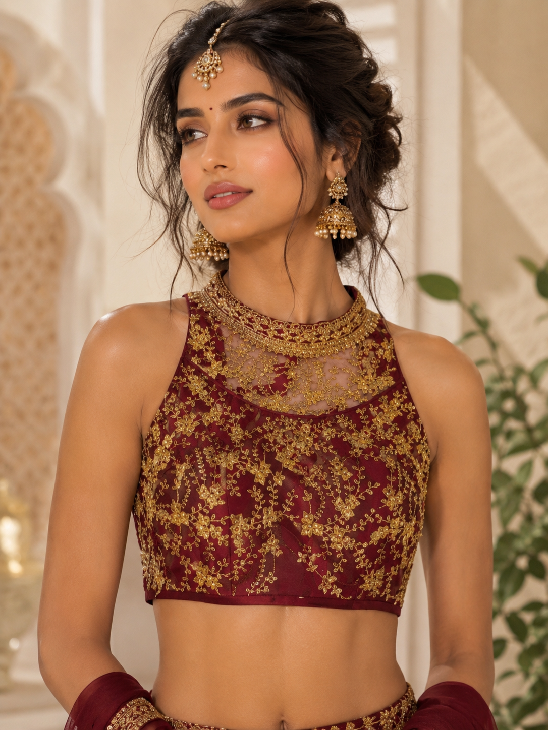 Bollywood Indian wedding sari blouse burgundy and gold size 38