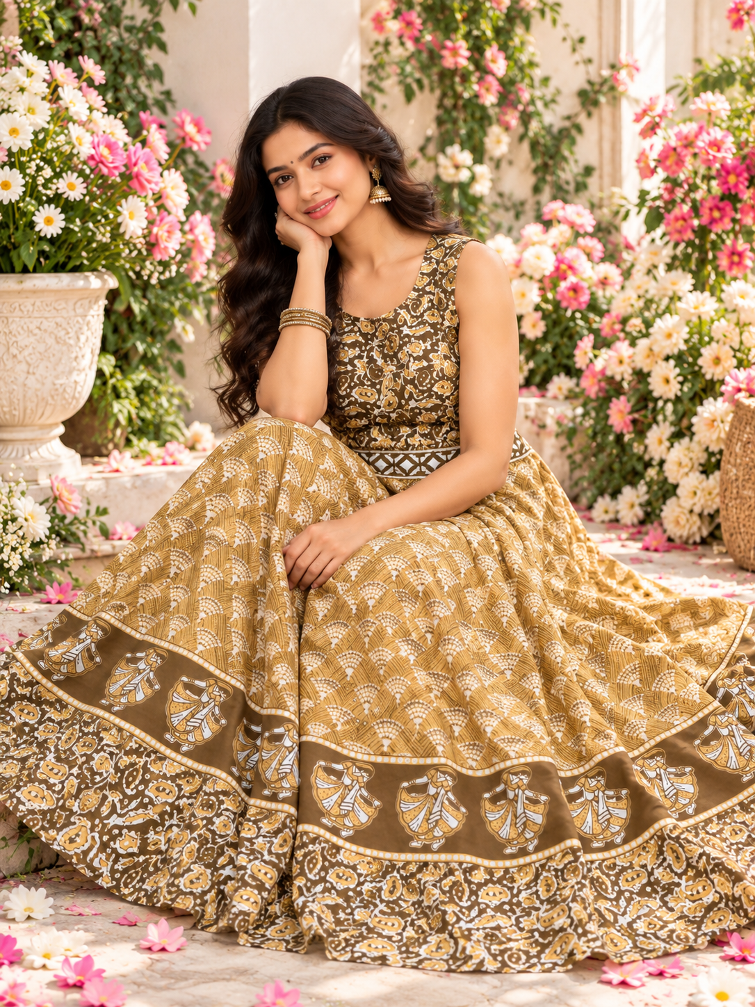 Bollywood dress beige olive green cotton Secondary image