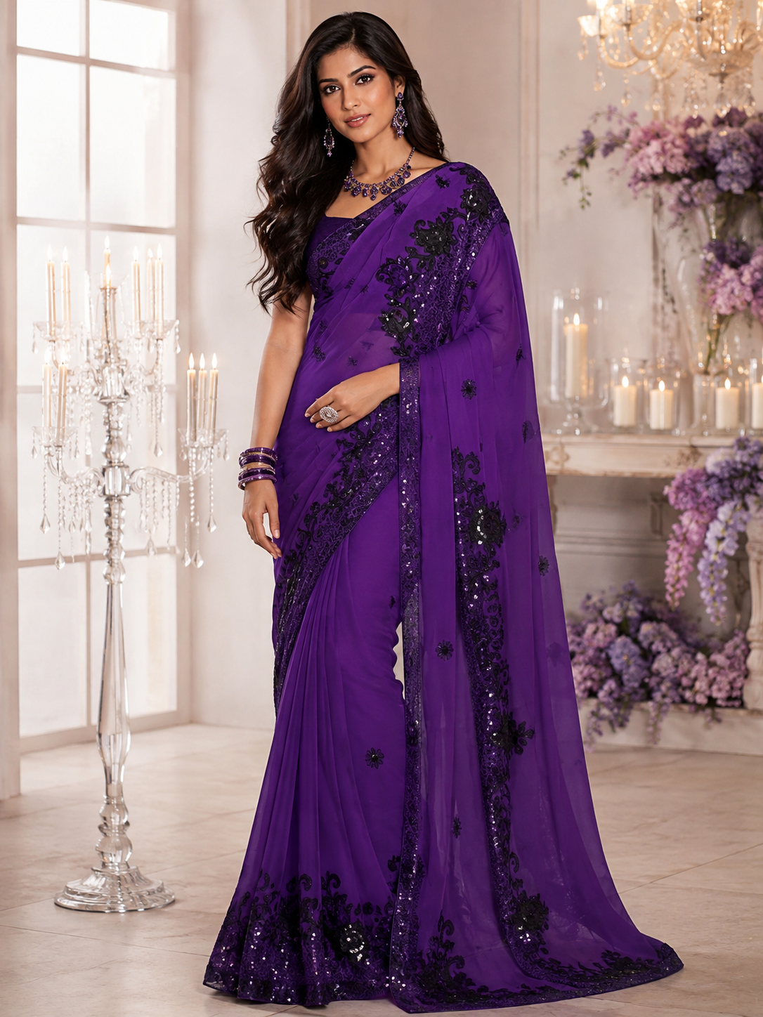 Bollywood désigner mariage sari violet et noir sans blouse