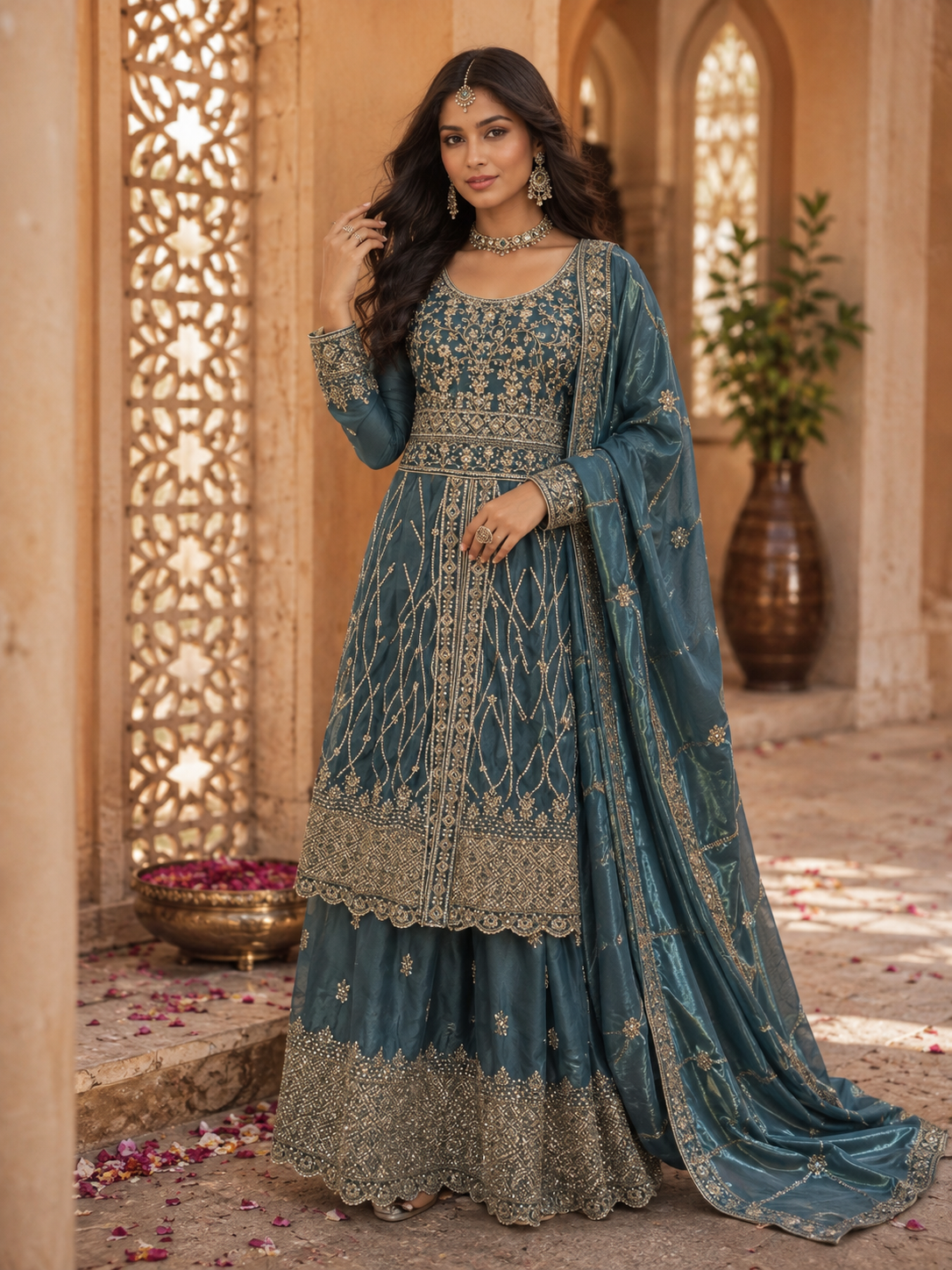Bollywood designer 3-piece sharara wedding outfit size XL
