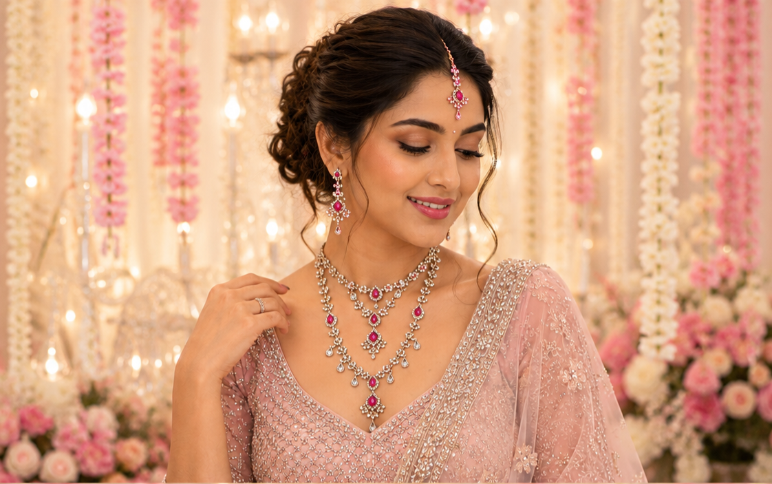 Bollywood désigner mariage parure rose 3 pièces
