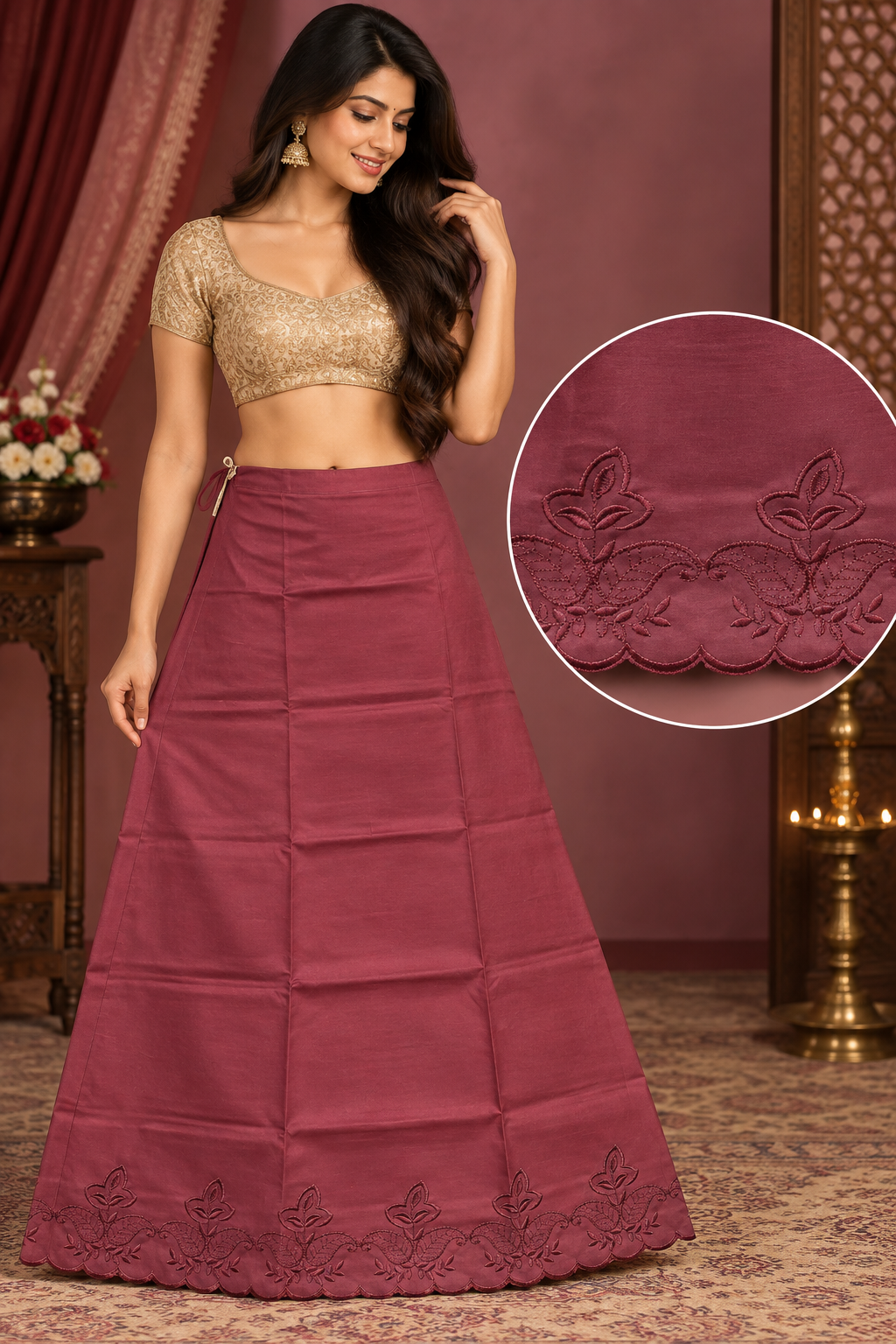 Bollywood désigner sari jupon bordeaux coton taille 34/44 Image principale du produit