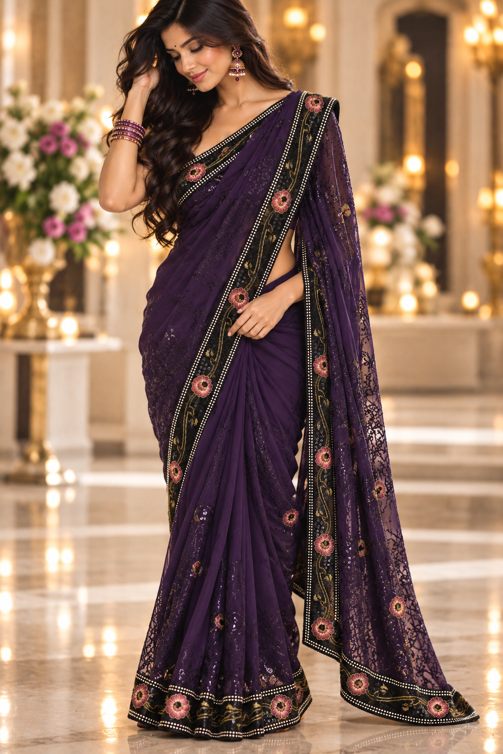 Indian sari violet et noir sans blouse Image principale du produit