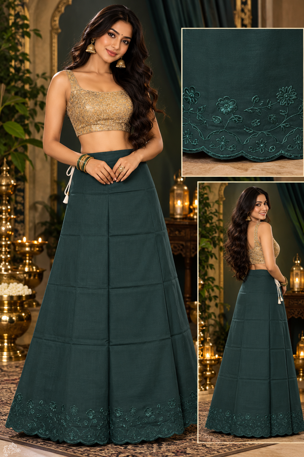 Bollywood désigner sari jupon vert khaki coton taille 34/44 Image principale du produit