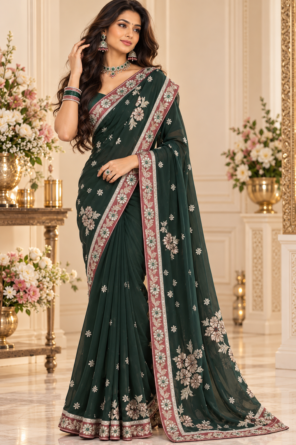 Indian sari vert brodé sans blouse Image principale du produit