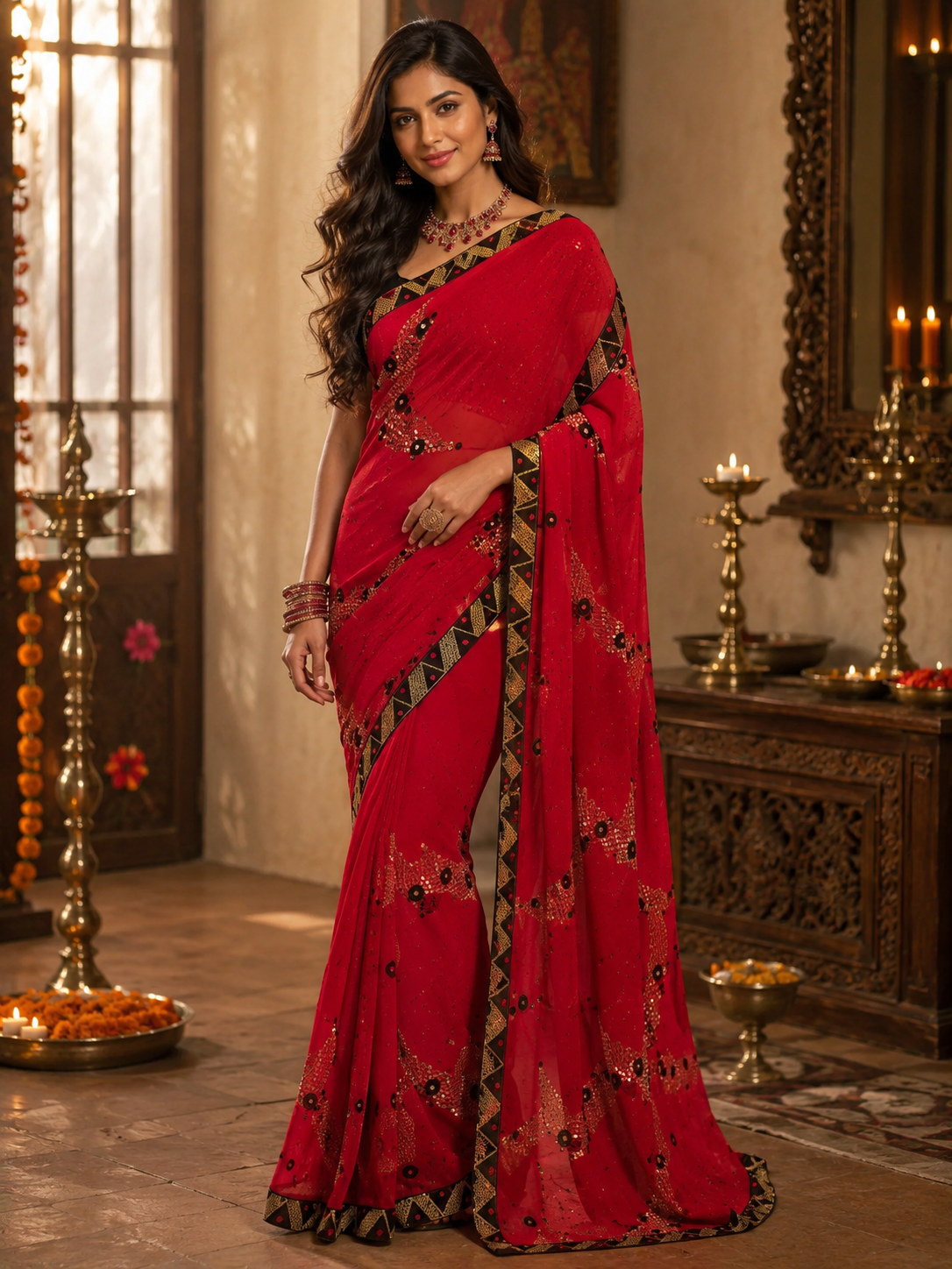 Bollywood désigner mariage sari rouge et noir saree sans blouse Image principale du produit