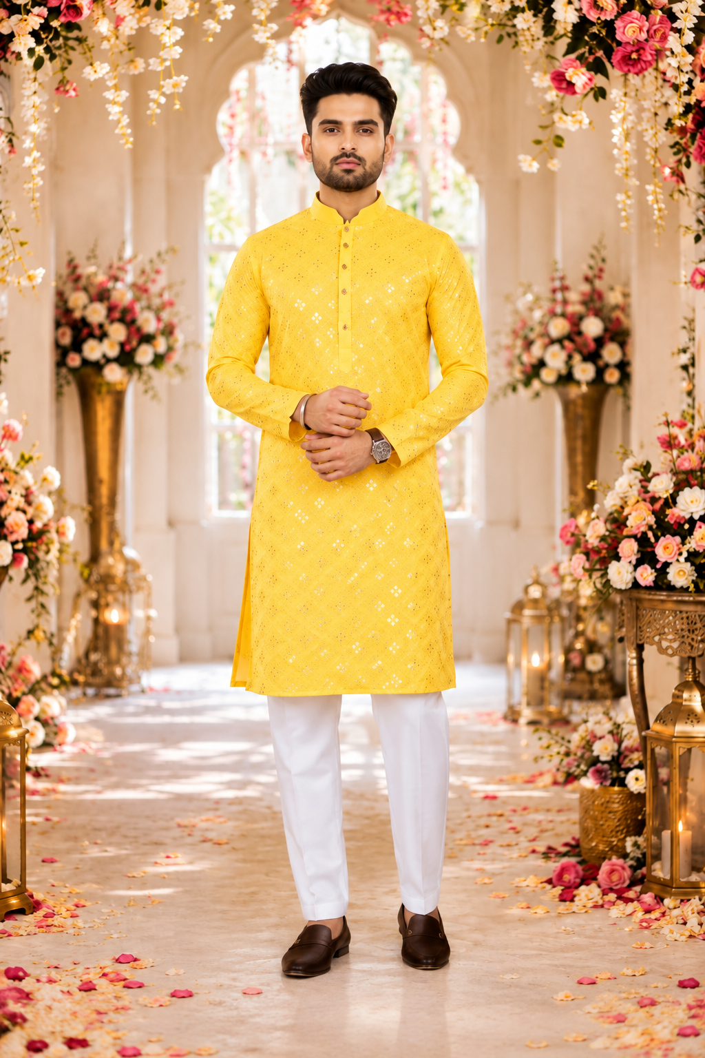 Indian kurta homme jaune et blanc taille XL