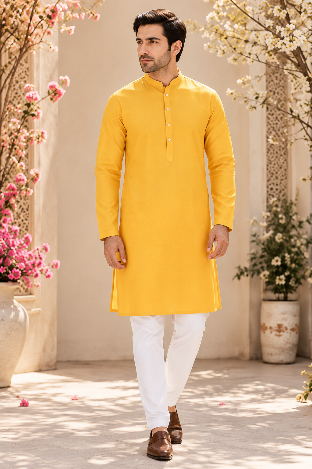 Kurta homme jaune et blanc coton taille XL
