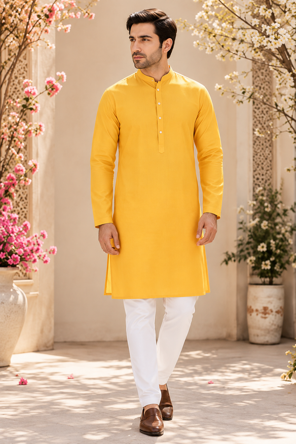 Kurta homme jaune et blanc coton taille XL