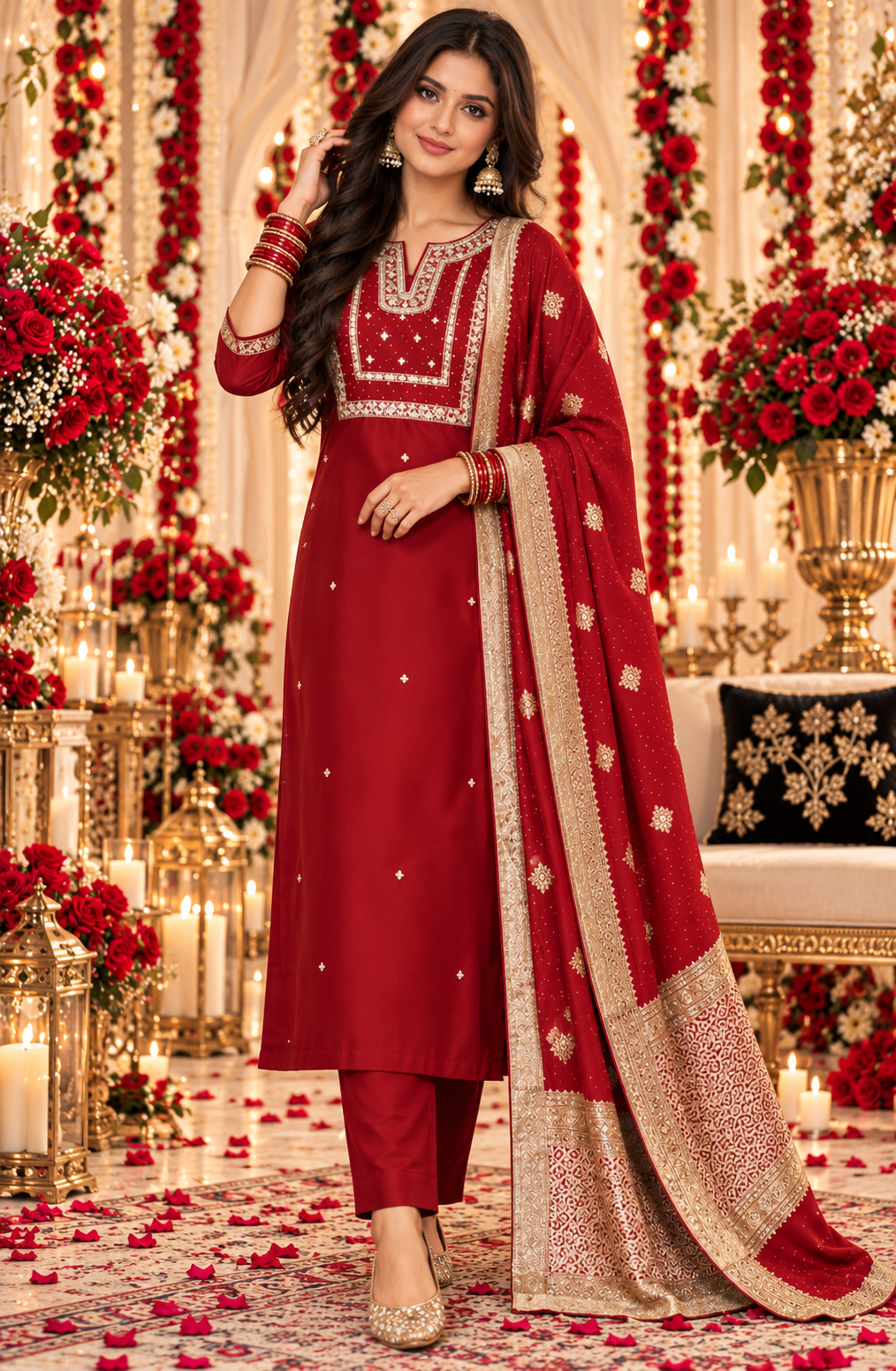 Bollywood désigner salwar kameez rouge et doré taille L rayon Image principale du produit