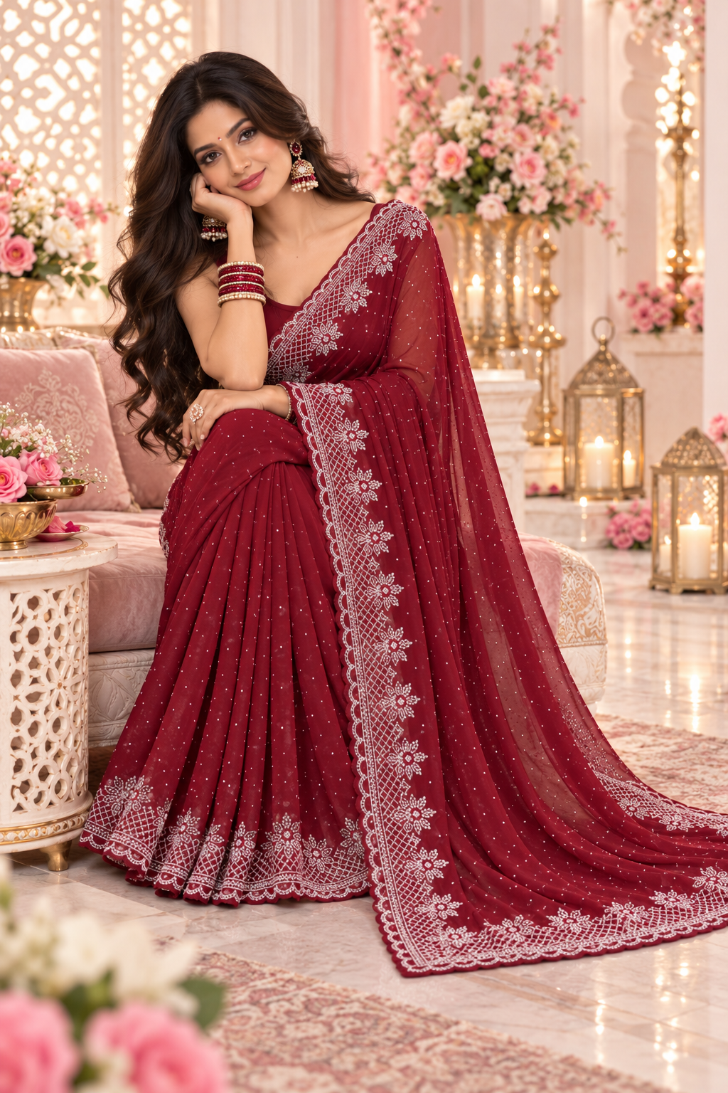 Bollywood désigner sari bordeaux georgette Image secondaire du produit