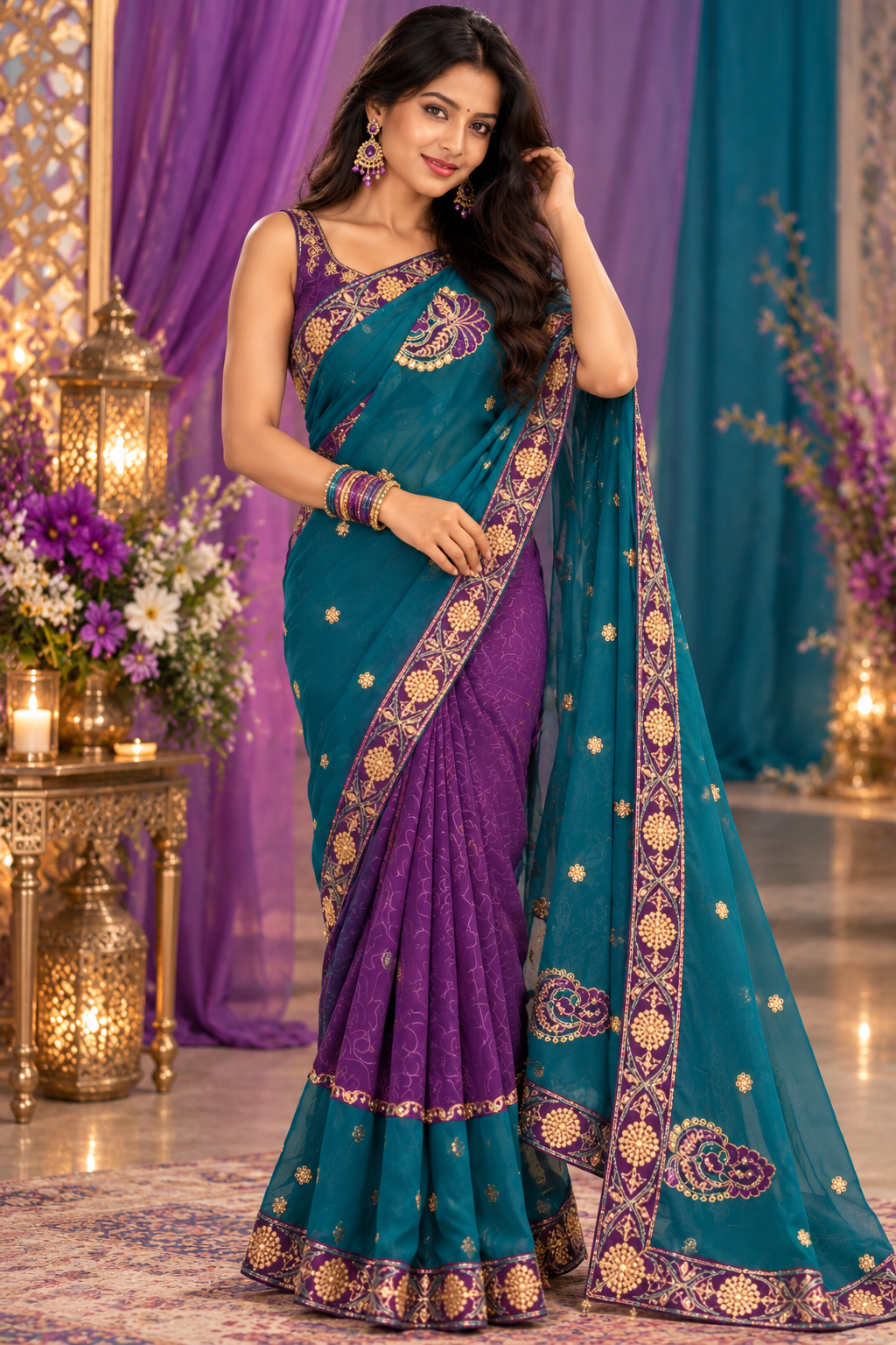 Indian désigner sari bleu et violet sans blouse Image principale du produit