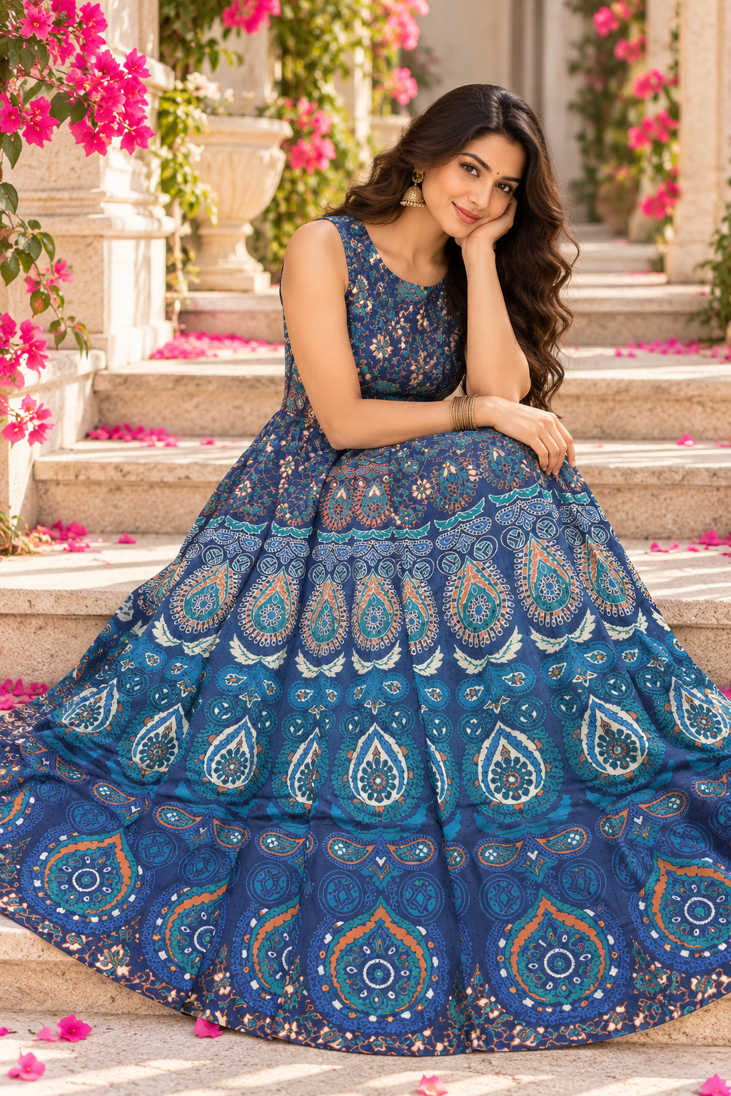 Bollywood désigner jaipuri robe coton bleu taille XL