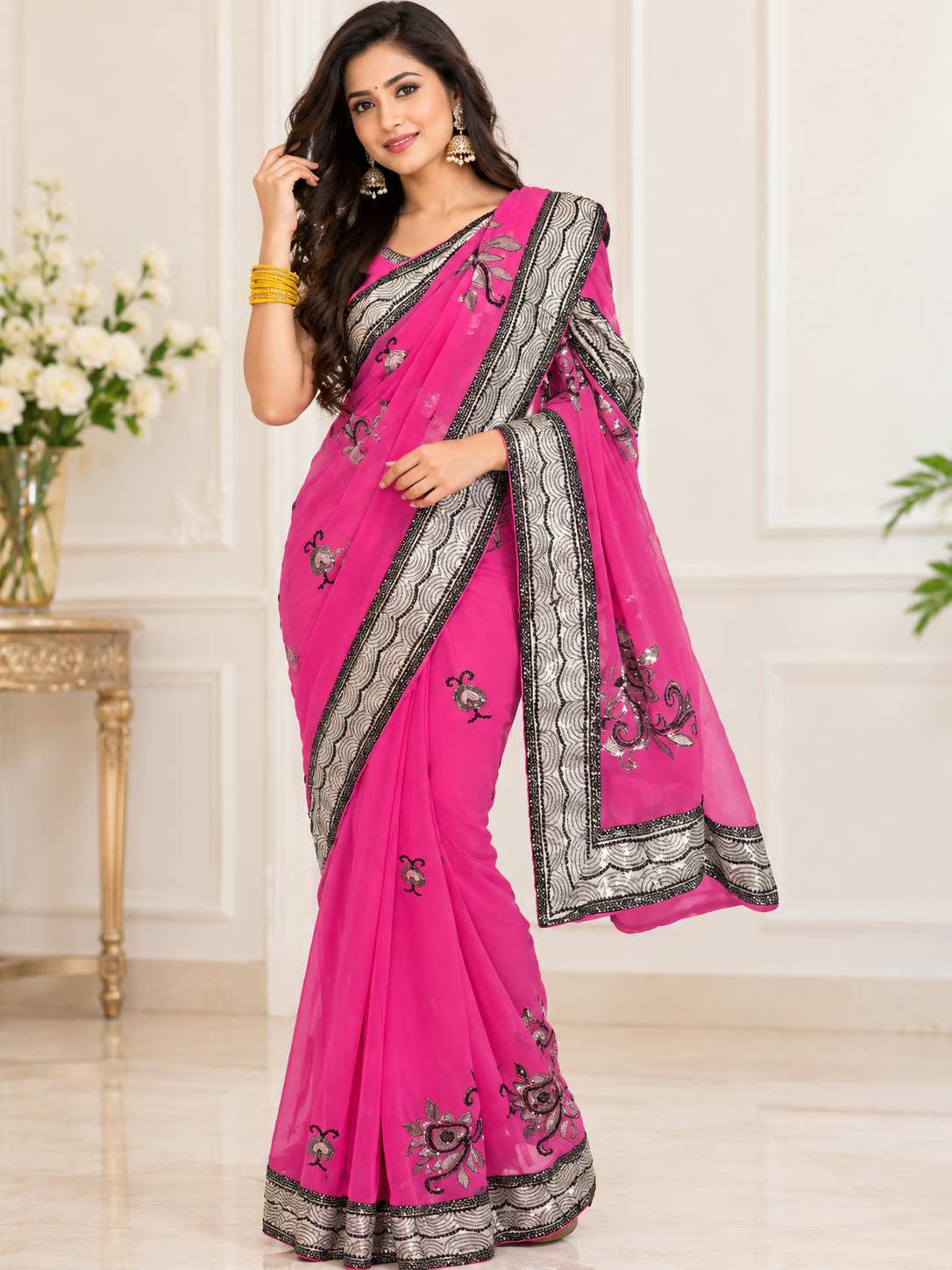 Indian désigner sari rose et argenté sans blouse