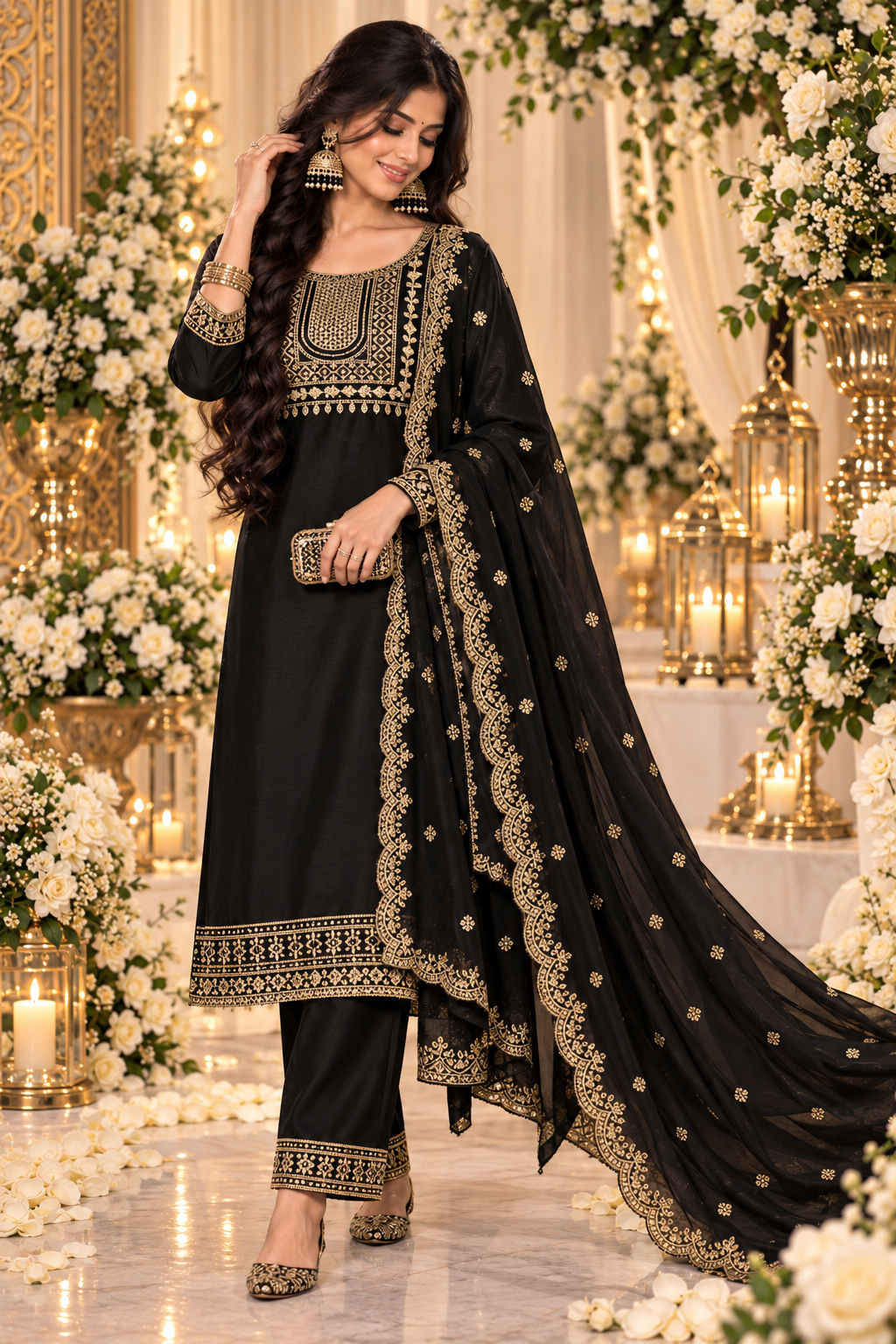 Bollywood désigner salwar kameez noir et doré taille Xl