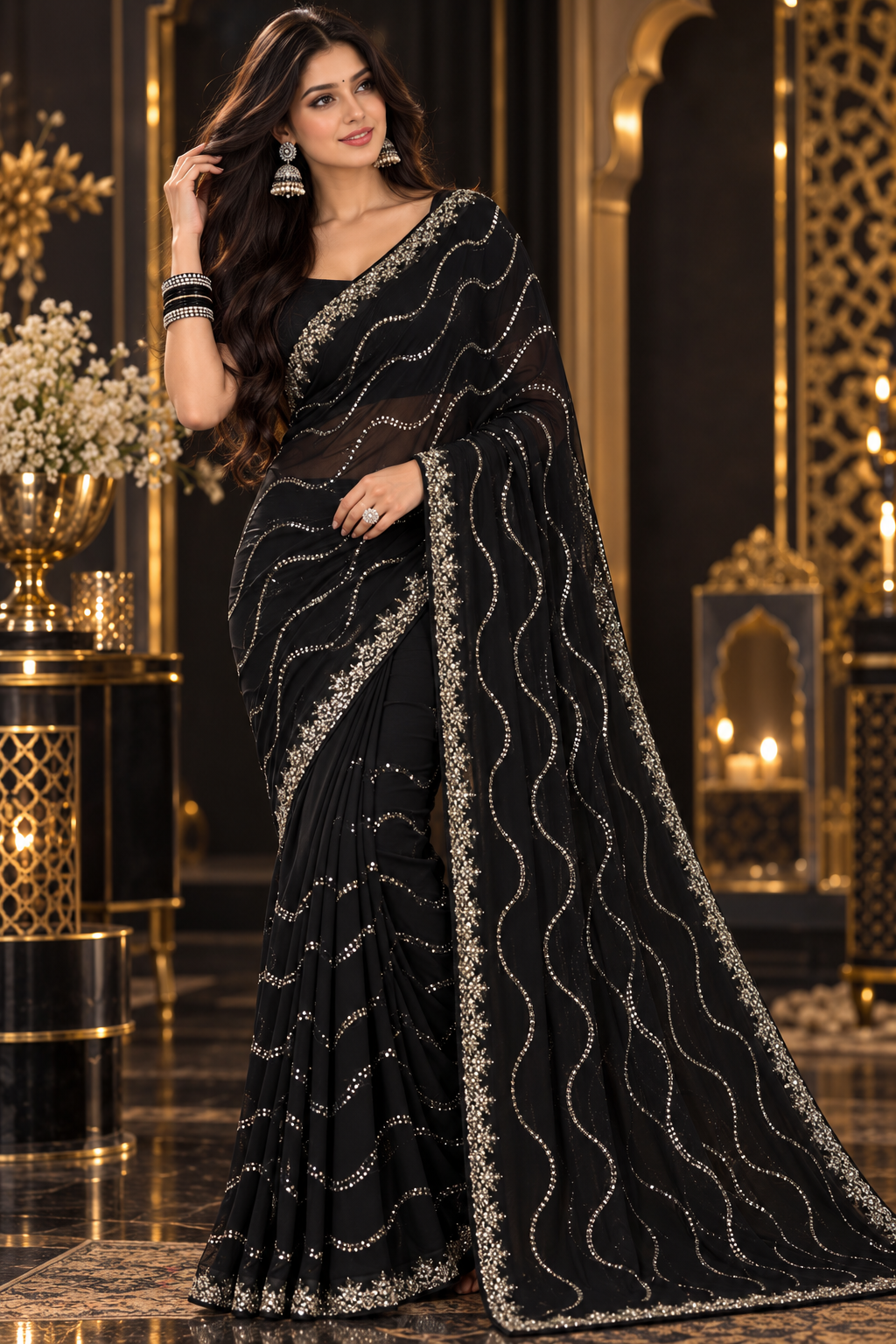 Bollywood désigner mariage sari noir avec des sequins Image principale du produit
