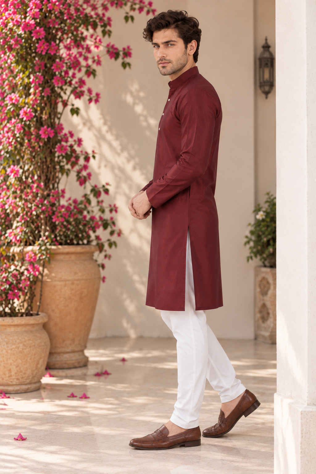 Indian kurta homme bordeaux et blanc taille XXXL Image secondaire du produit