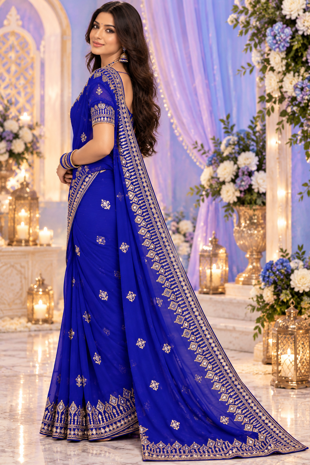 Bollywood désigner sari bleu avec des sequins georgette Image secondaire du produit