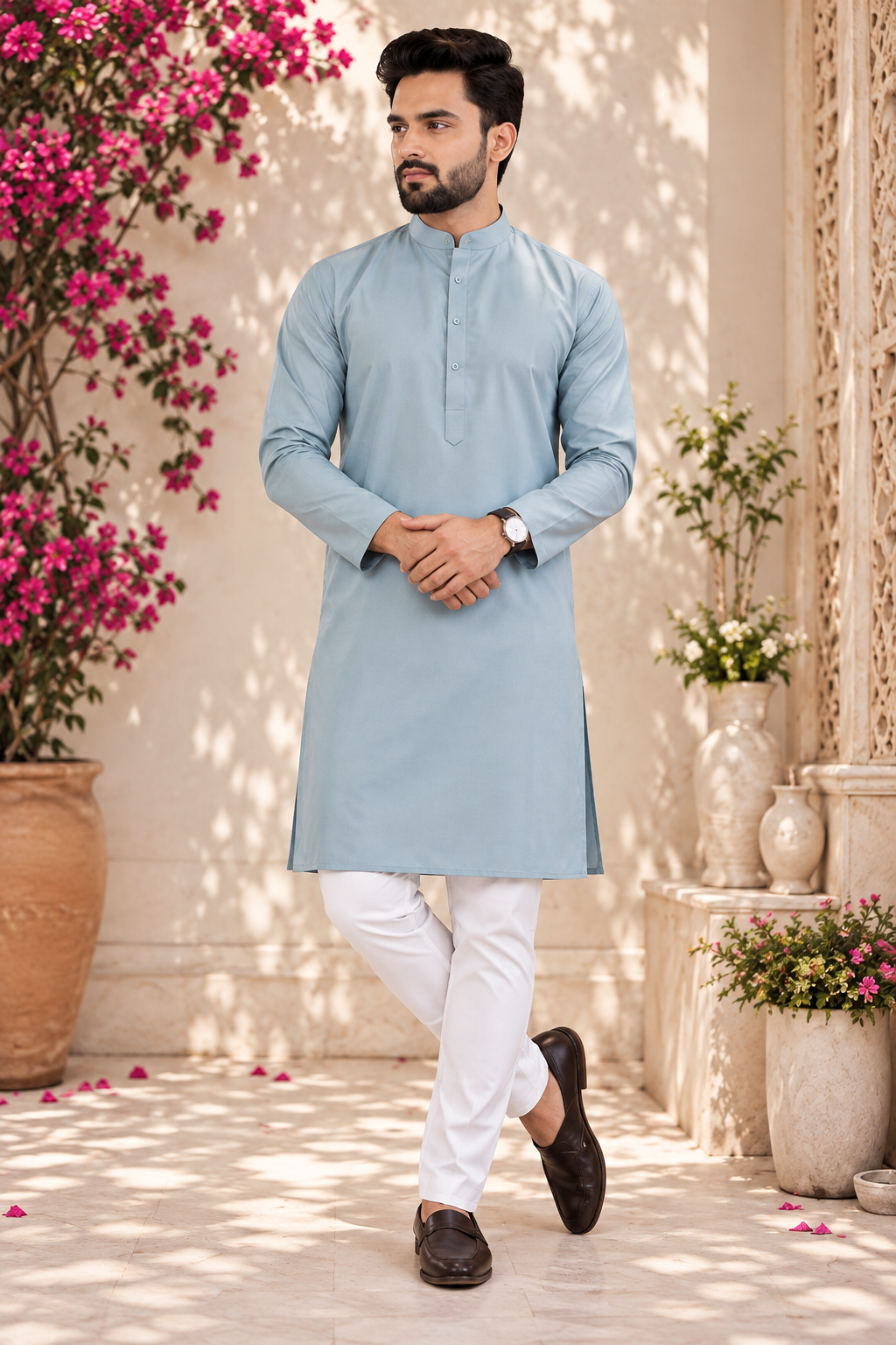 Indian kurta homme bleu gris et blanc taille XL