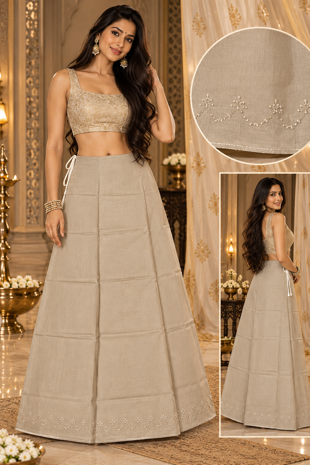 Bollywood saree jupon beige coton brodé taille 34/44