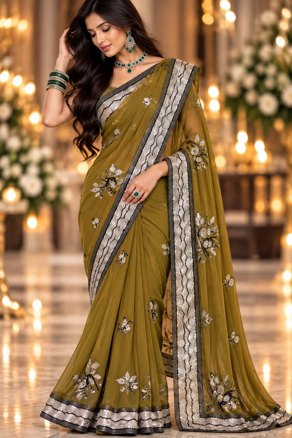 Sari vert olive avec sequins sans blouse Image principale du produit