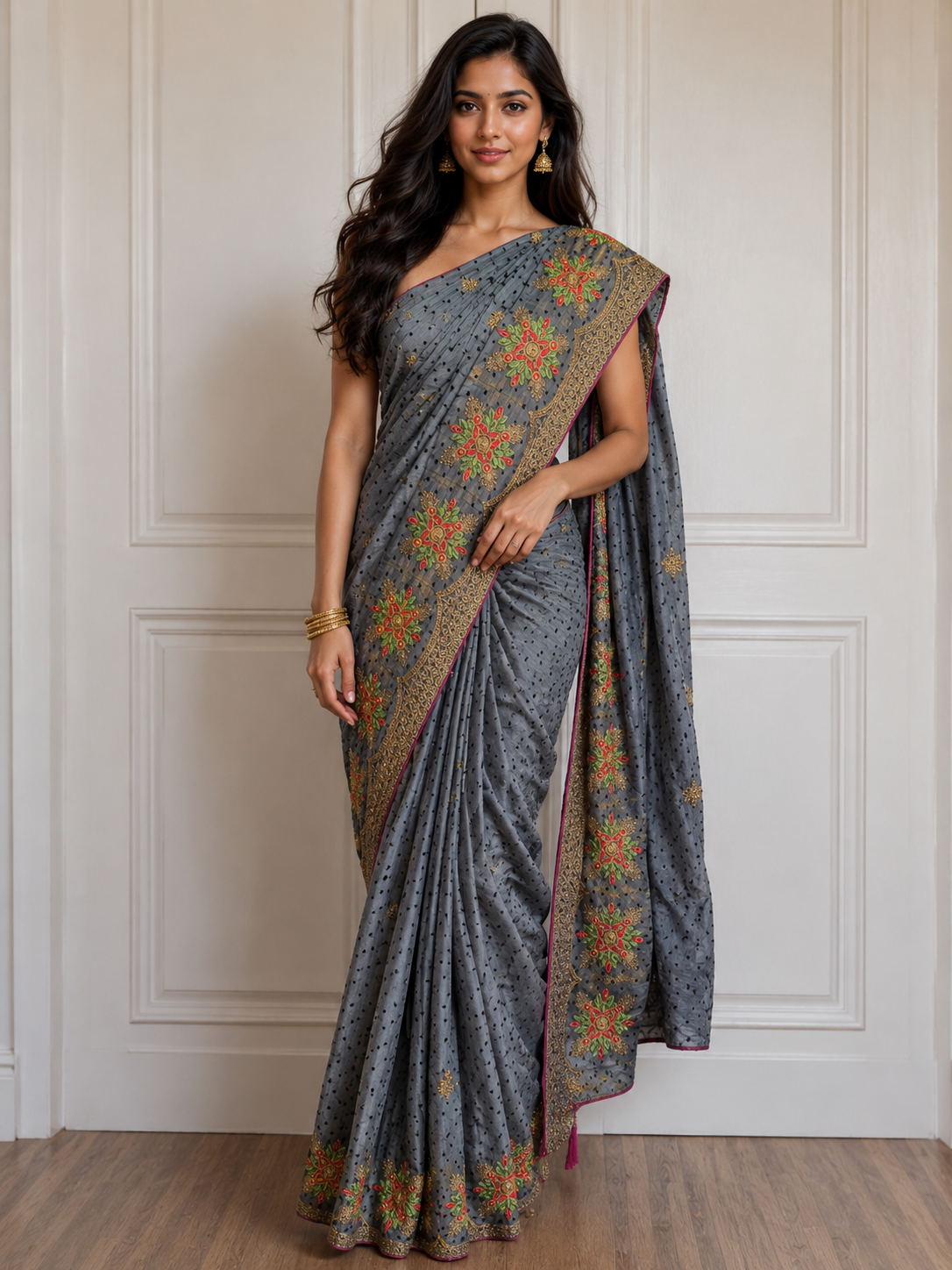 Bollywood désigner sari gris brodé sans blouse
