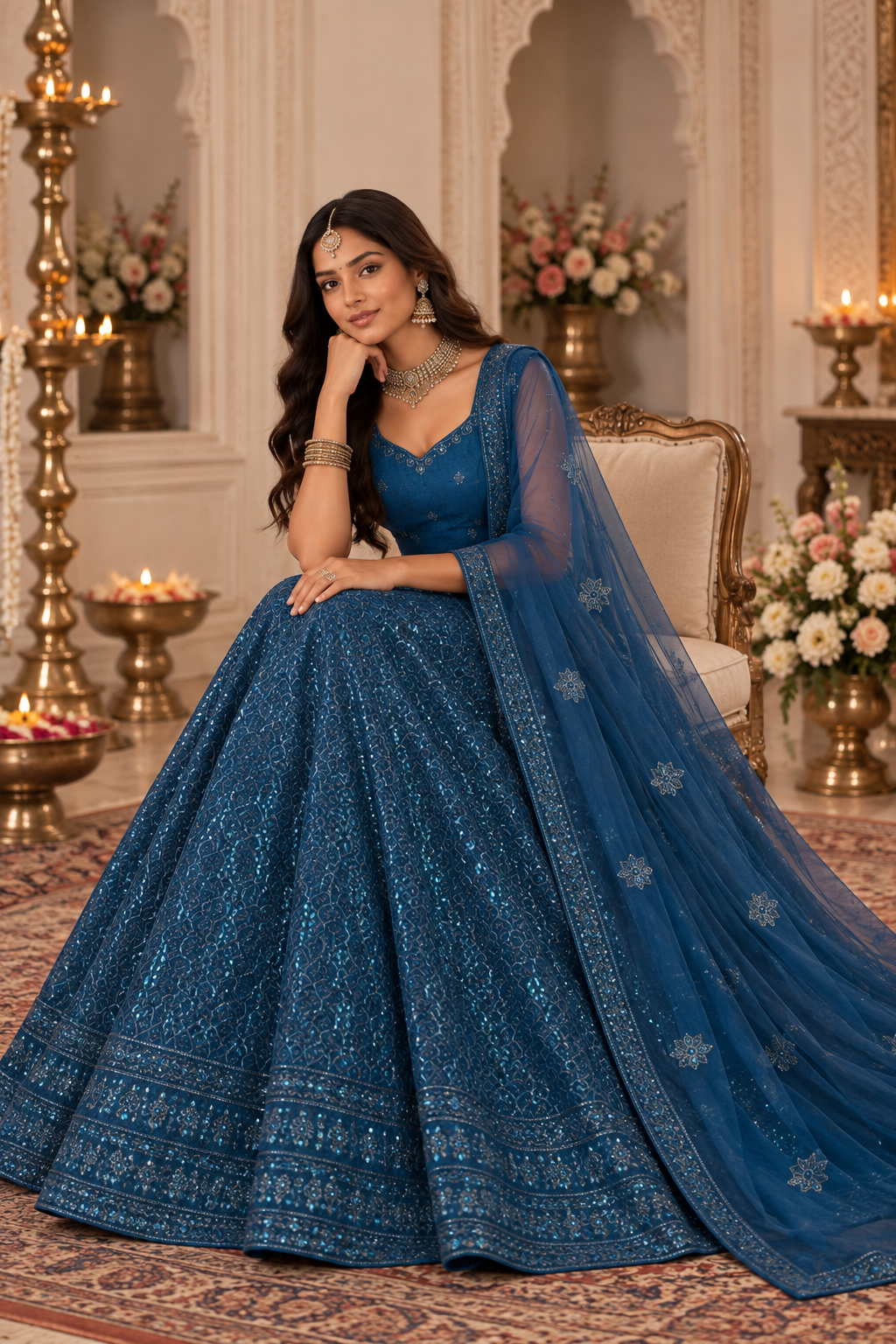 Bollywood designer blue embroidered 3-piece wedding lehenga choli