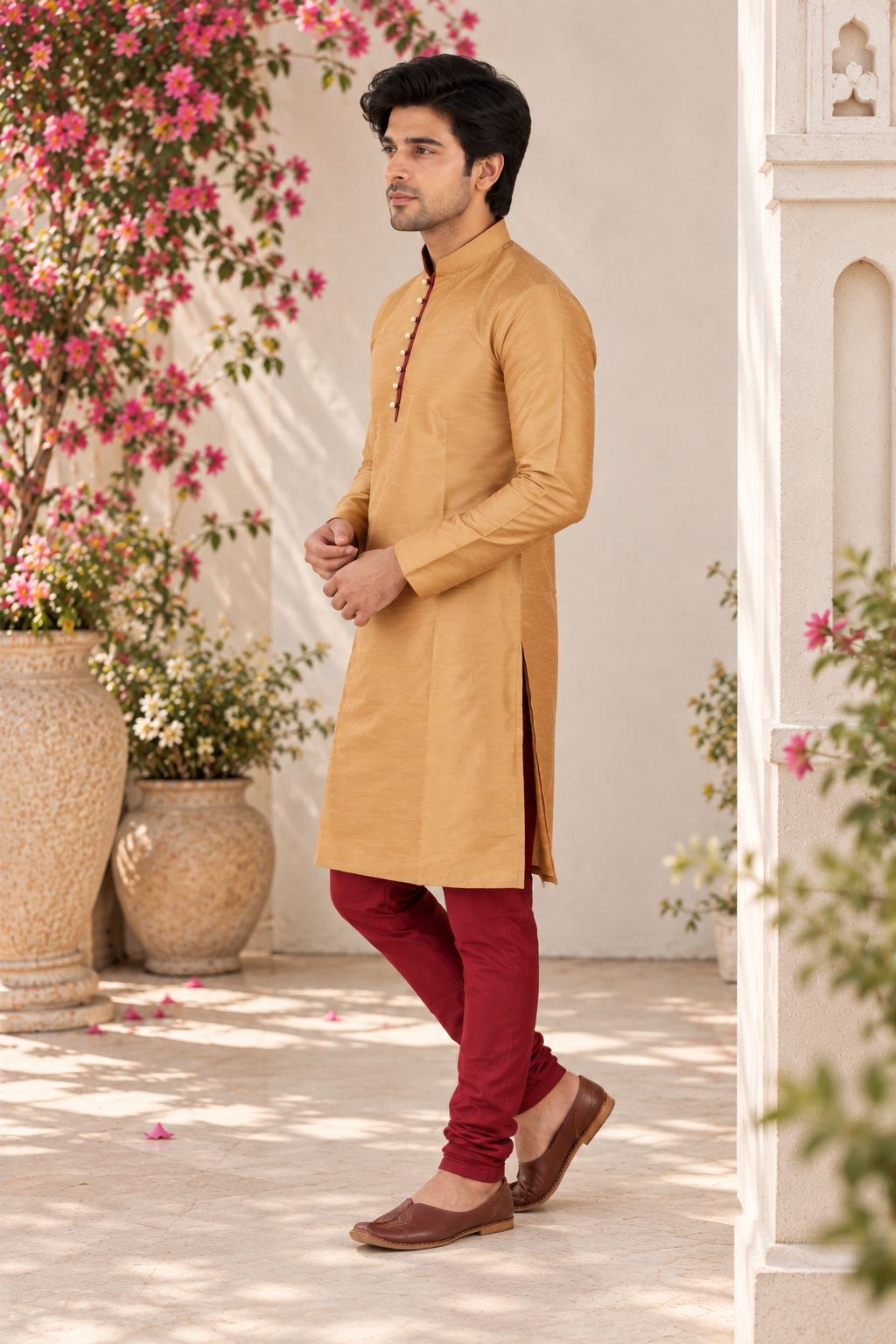 Indian designer men's kurta, gold and burgundy, size L