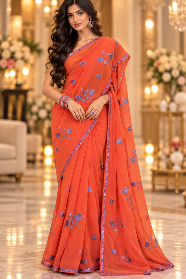 Indian sari rose corail avec sequins sans blouse