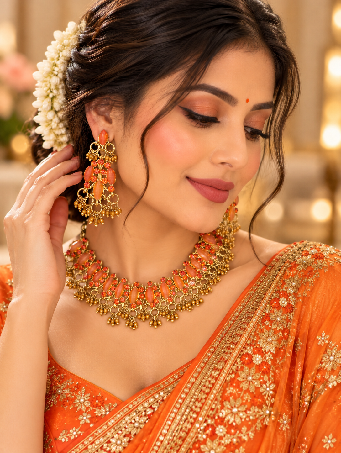 Indian désigner necklace set orange et doré