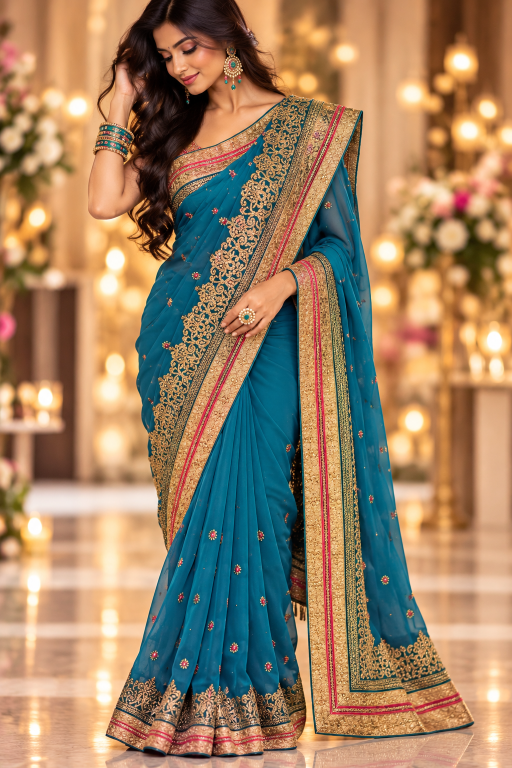 Indian sari bleu brodé sans blouse Image principale du produit