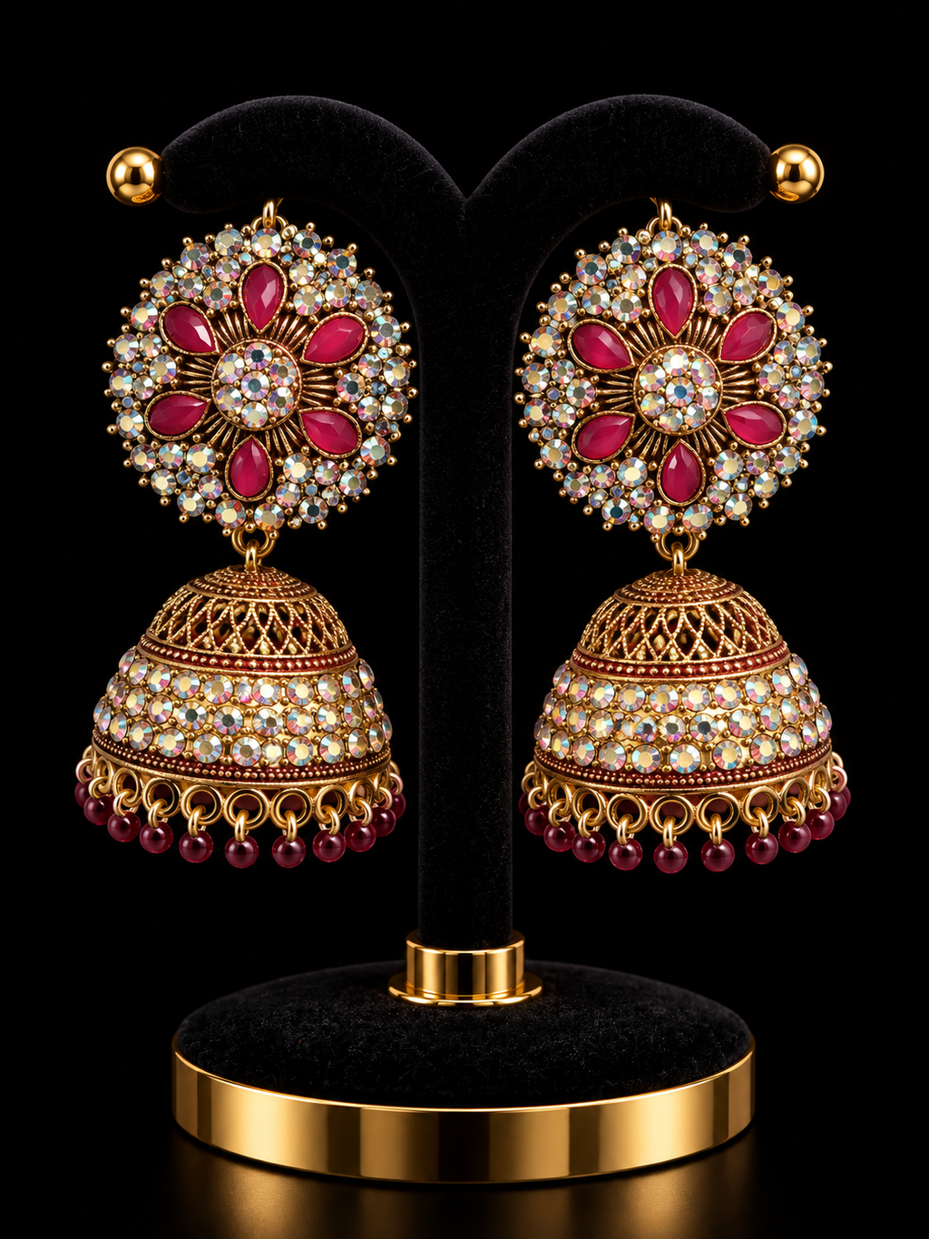 Boucles d’oreilles bordeaux et doré avec perles