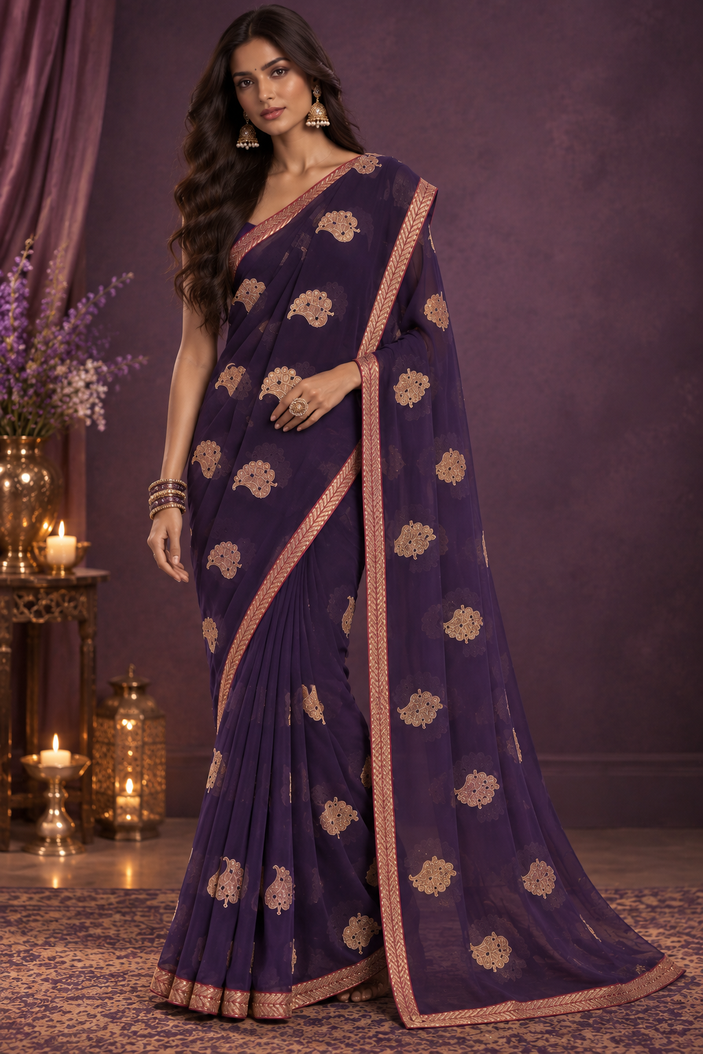 Indian sari violet sans blouse Image principale du produit