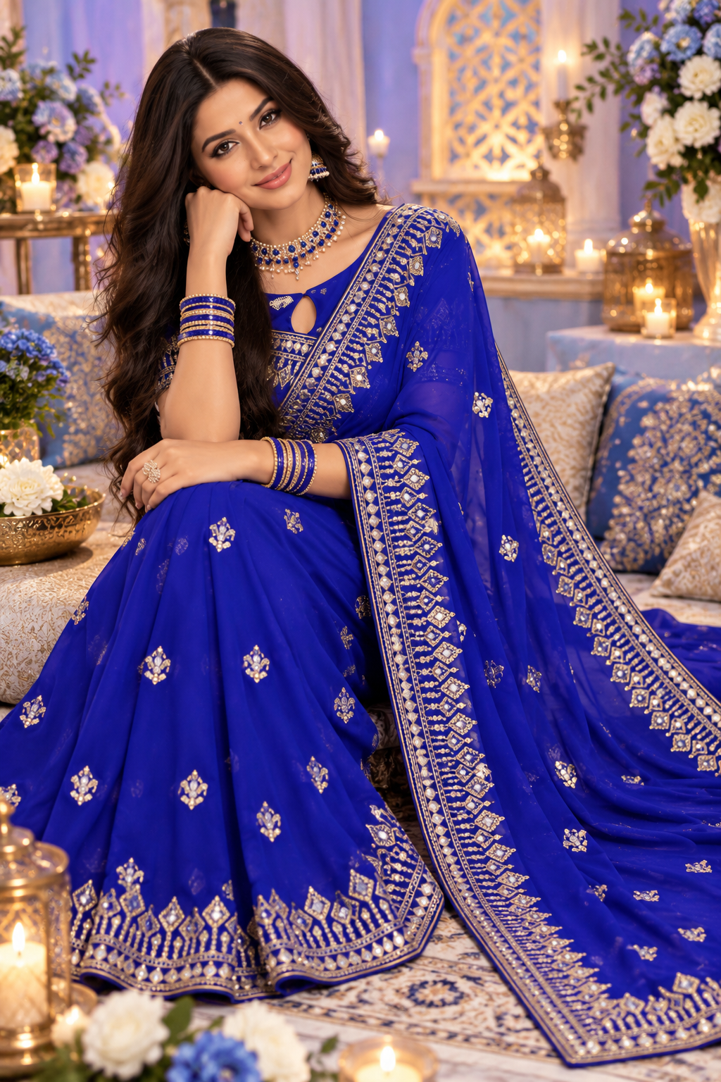 Bollywood designer blue georgette saree with sequins