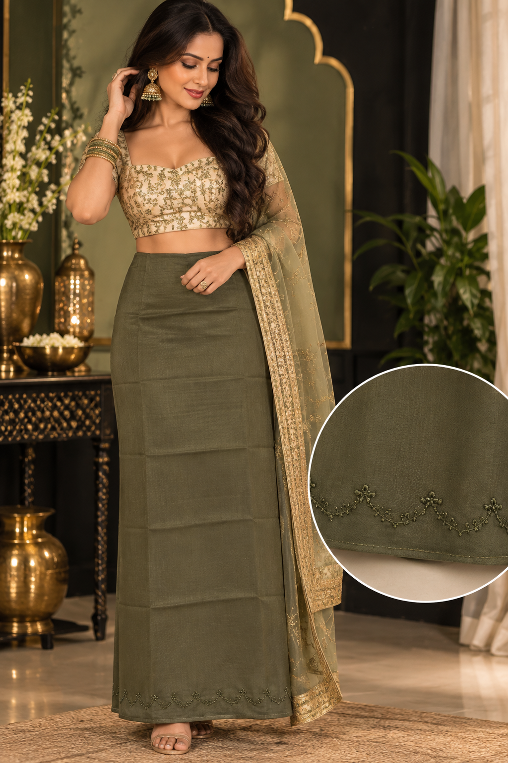 Bollywood désigner sari jupon vert coton taille 34/44 Image principale du produit