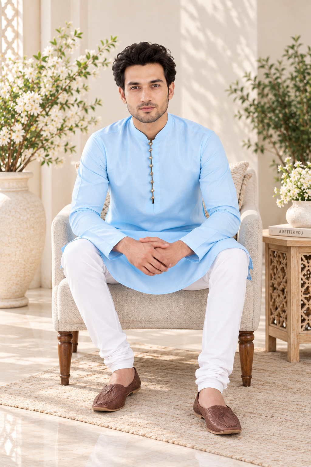 Blue and white Indian kurta for men, size XL