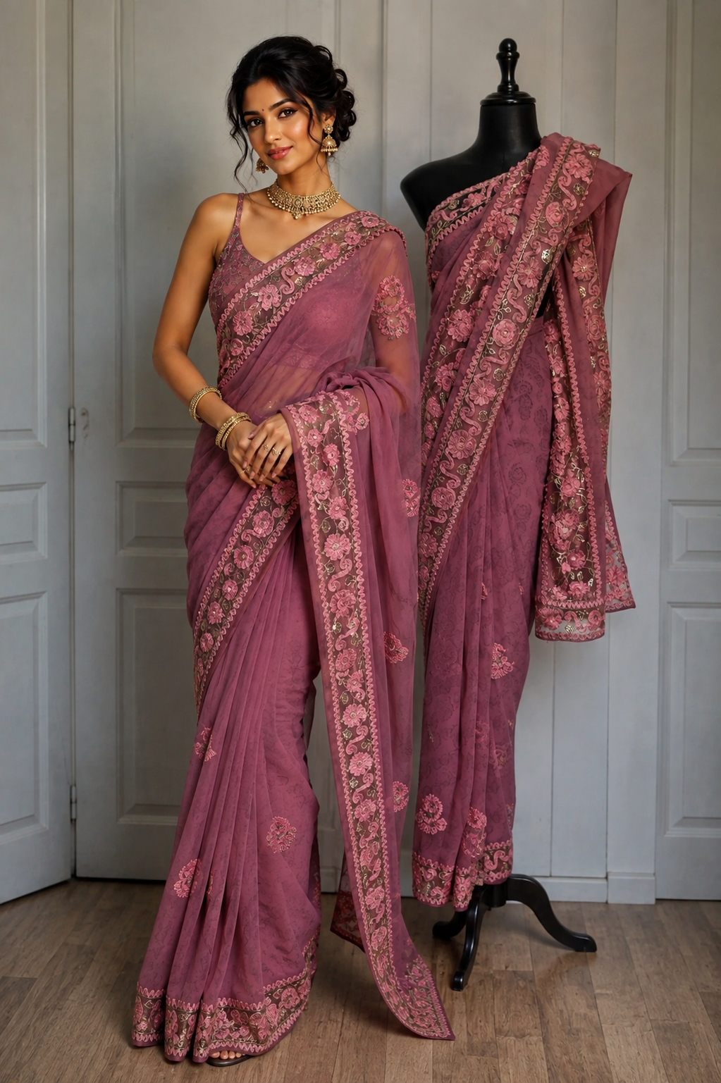 Bollywood désigner sari rose sans blouse Image principale du produit