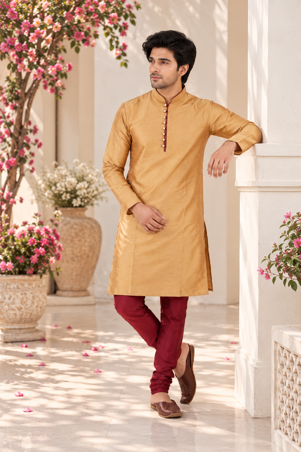 Indian désigner kurta homme doré et bordeaux taille L Image principale du produit