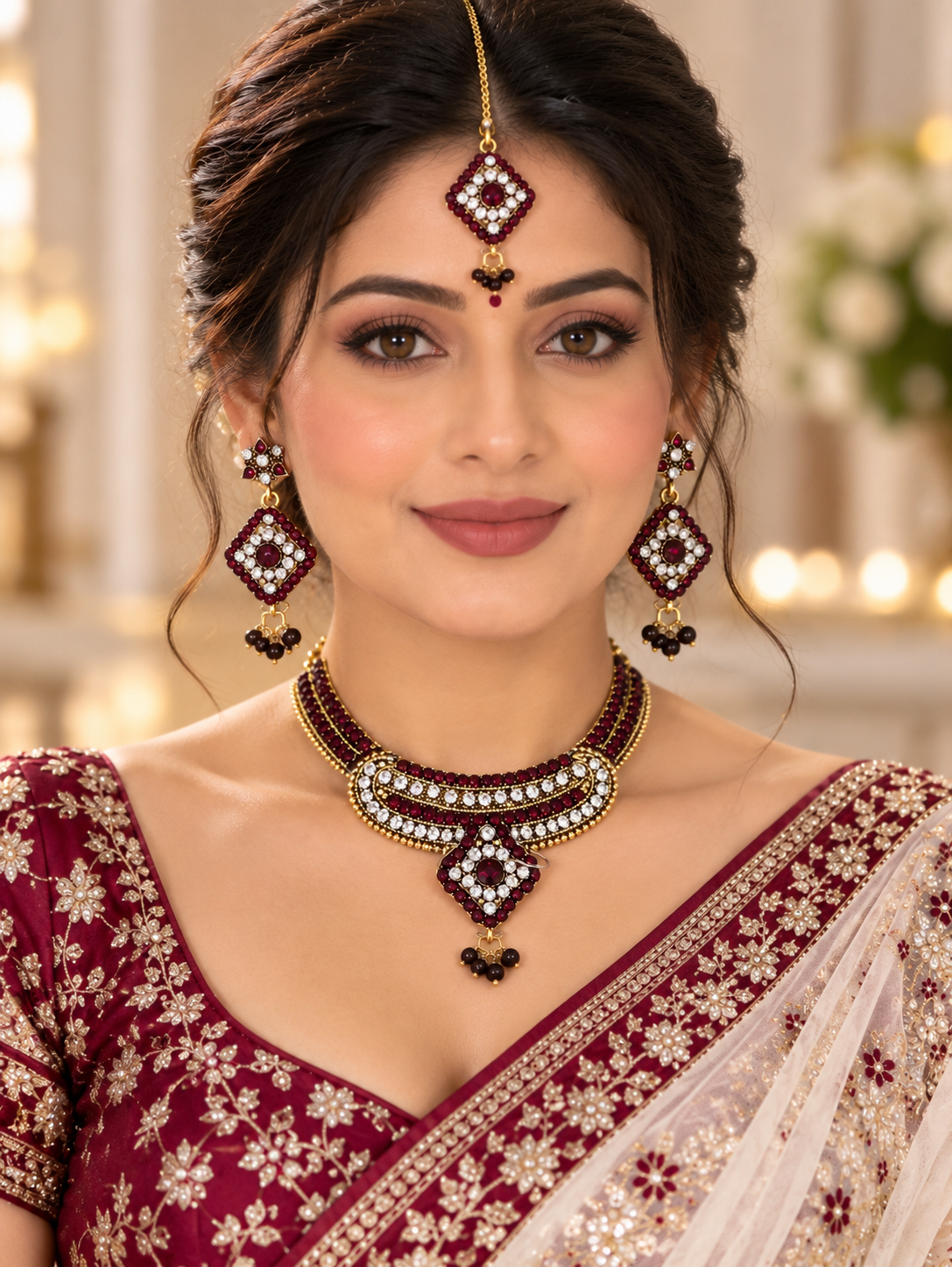 Indian necklace set bordeaux et blanc