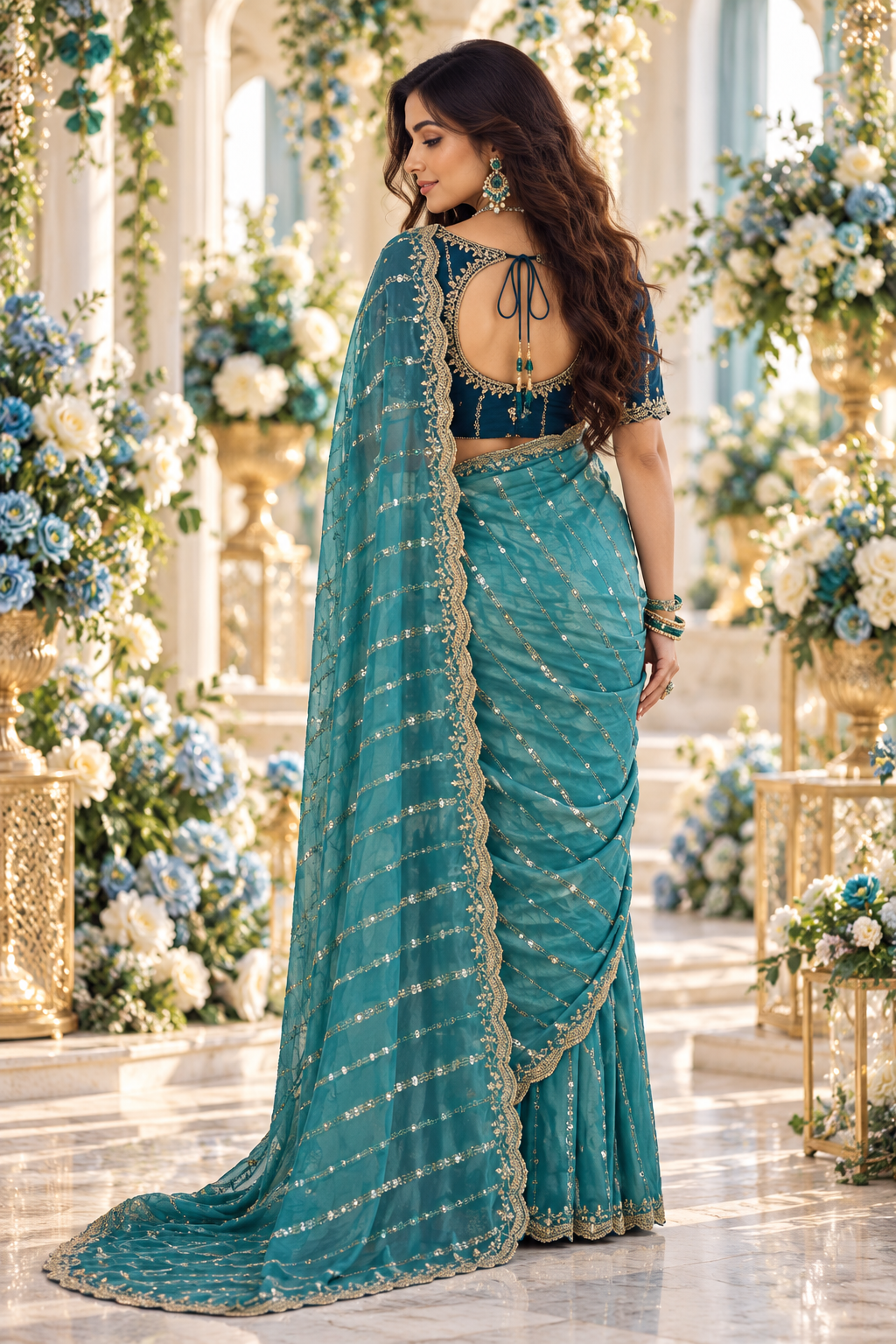 Indian désigner sari bleu vert avec sequins