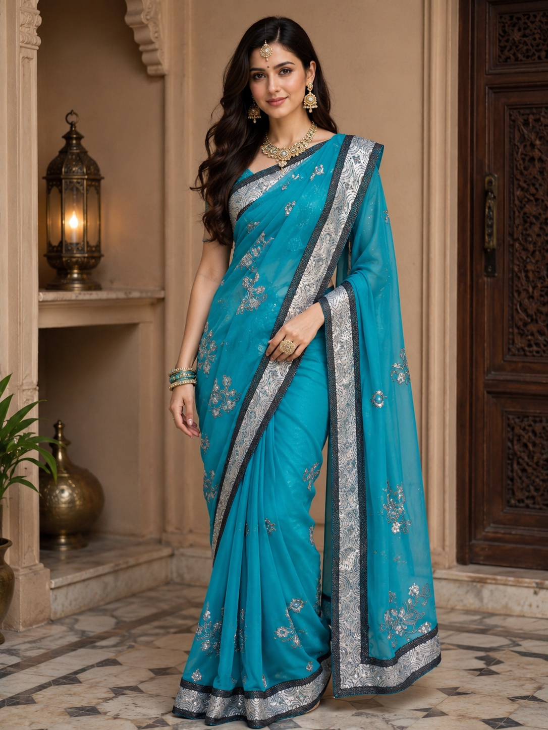 Bollywood désigner sari bleu et noir sans blouse Image principale du produit