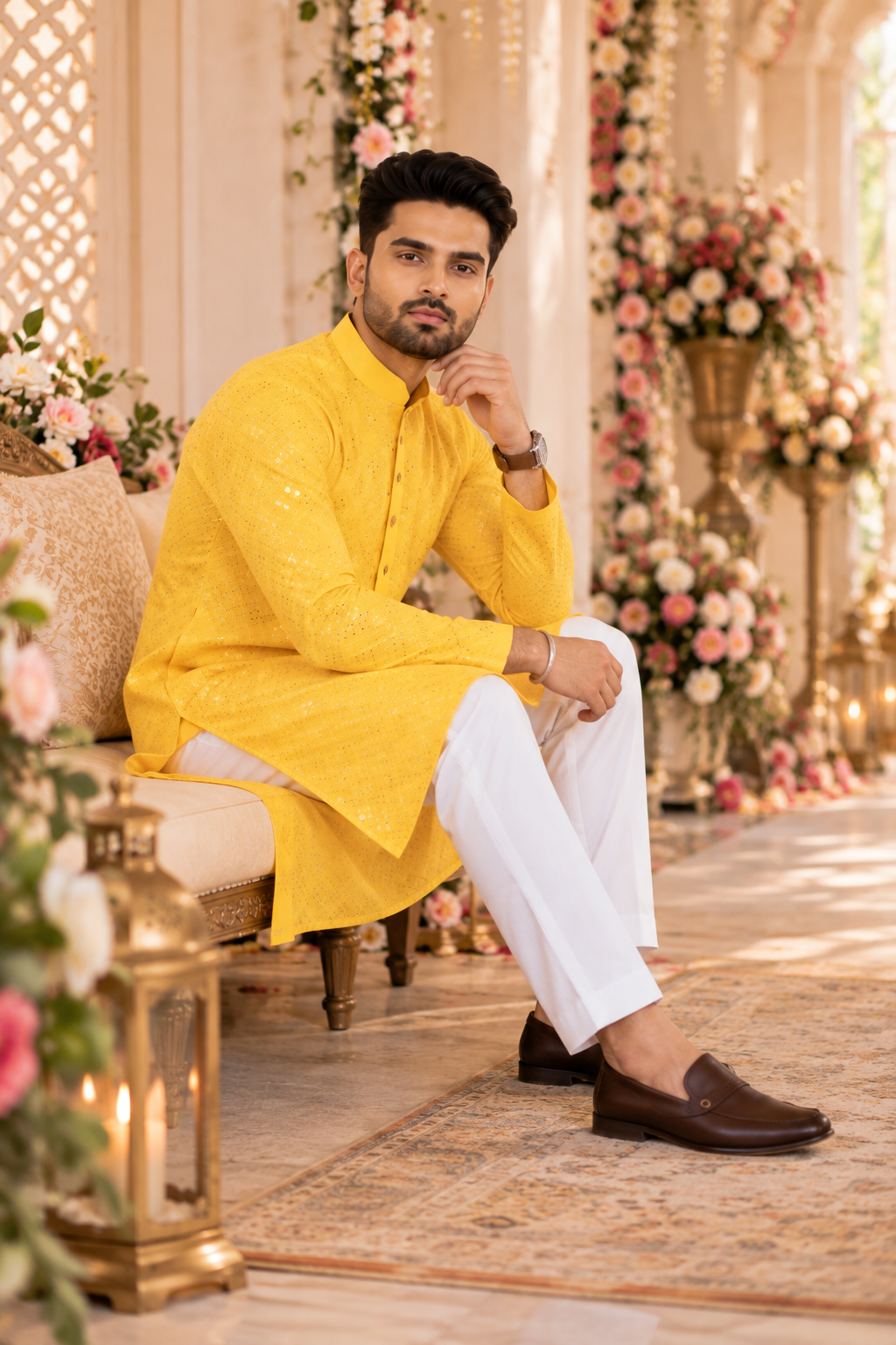 Indian kurta homme jaune et blanc taille XL