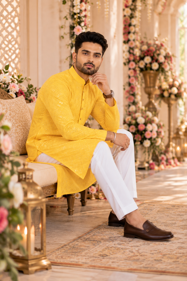 Indian kurta homme jaune et blanc taille XL