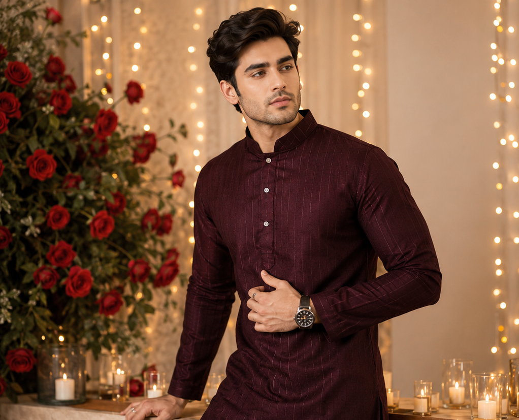 Kurta traditionnel homme violet et blanc coton