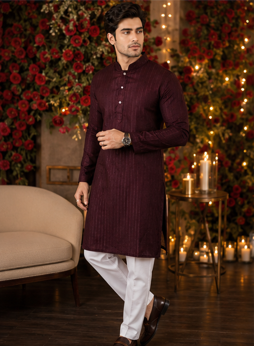 Kurta traditionnel homme violet et blanc coton