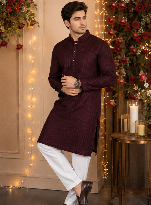 Kurta traditionnel homme violet et blanc coton