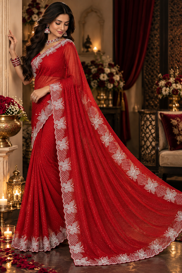 Bollywood désigner sari rouge georgette avec des pierres argenté